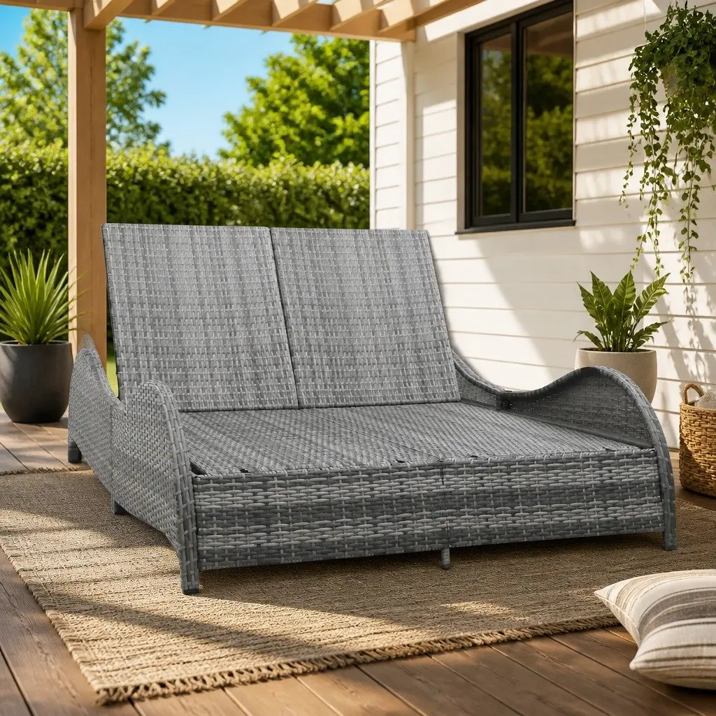 Double Sun Lounger Poly Rattan Garden Patio Daybed with Cushions Anthracite