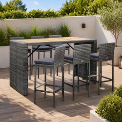 Outdoor Bar Set 7 Piece Poly Rattan Grey Garden Patio Furniture with Cushions