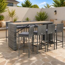 Outdoor Bar Set 9 Piece Patio Furniture Grey Poly Rattan Acacia Wood Table