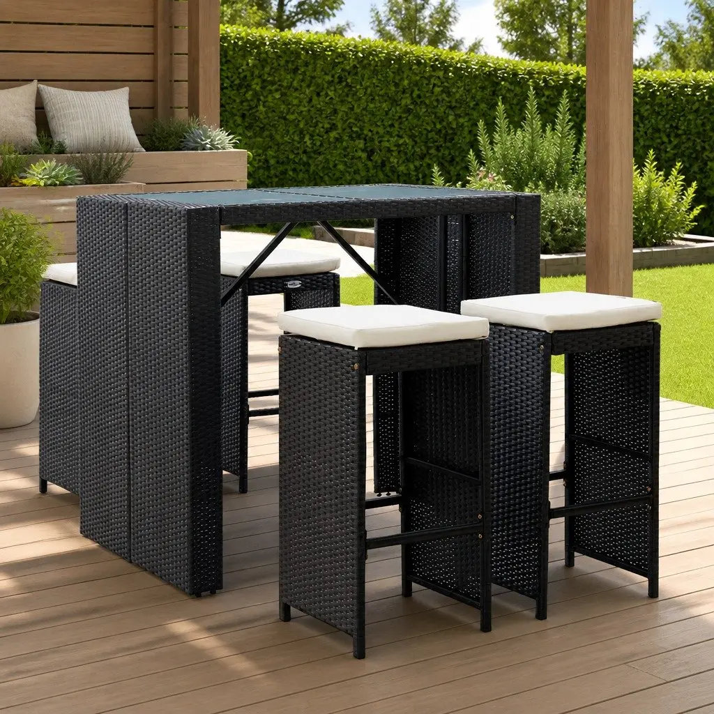 Outdoor Bar Set 5 Piece Poly Rattan Glass Top Table and Stools Black
