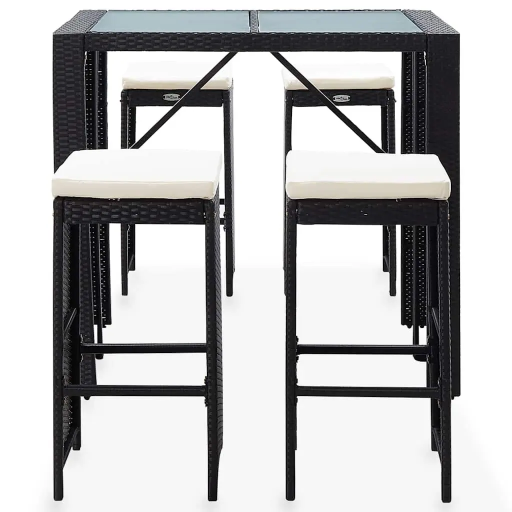 Outdoor Bar Set 5 Piece Poly Rattan Glass Top Table and Stools Black