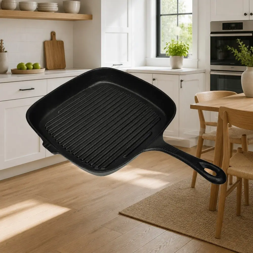 Cast Iron Grill Pan Ribbed Cooking Surface 24x23cm Black