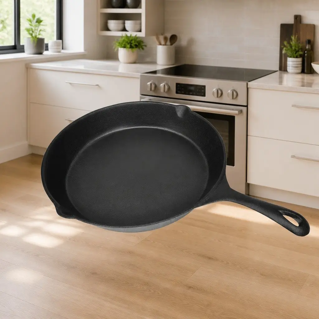Cast Iron Grill Pan Non-Stick 30cm Round Flat Bottom BBQ Skillet