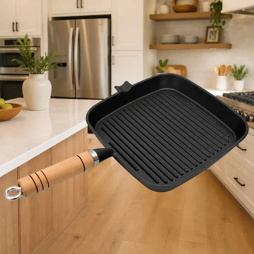Cast Iron Grill Pan Ribbed Base 20x20 cm Black Wooden Handle Cooking