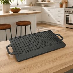 Cast Iron Reversible Grill Platter 50x23cm Double-Sided Griddle Cooking Surface