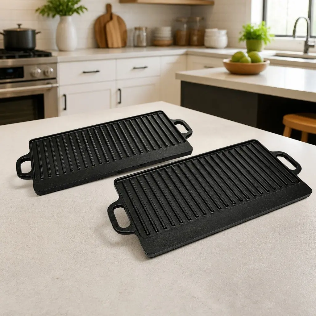 Cast Iron Reversible Griddle Grill Plate Set of 2 Double Sided 46 x 23 cm Black