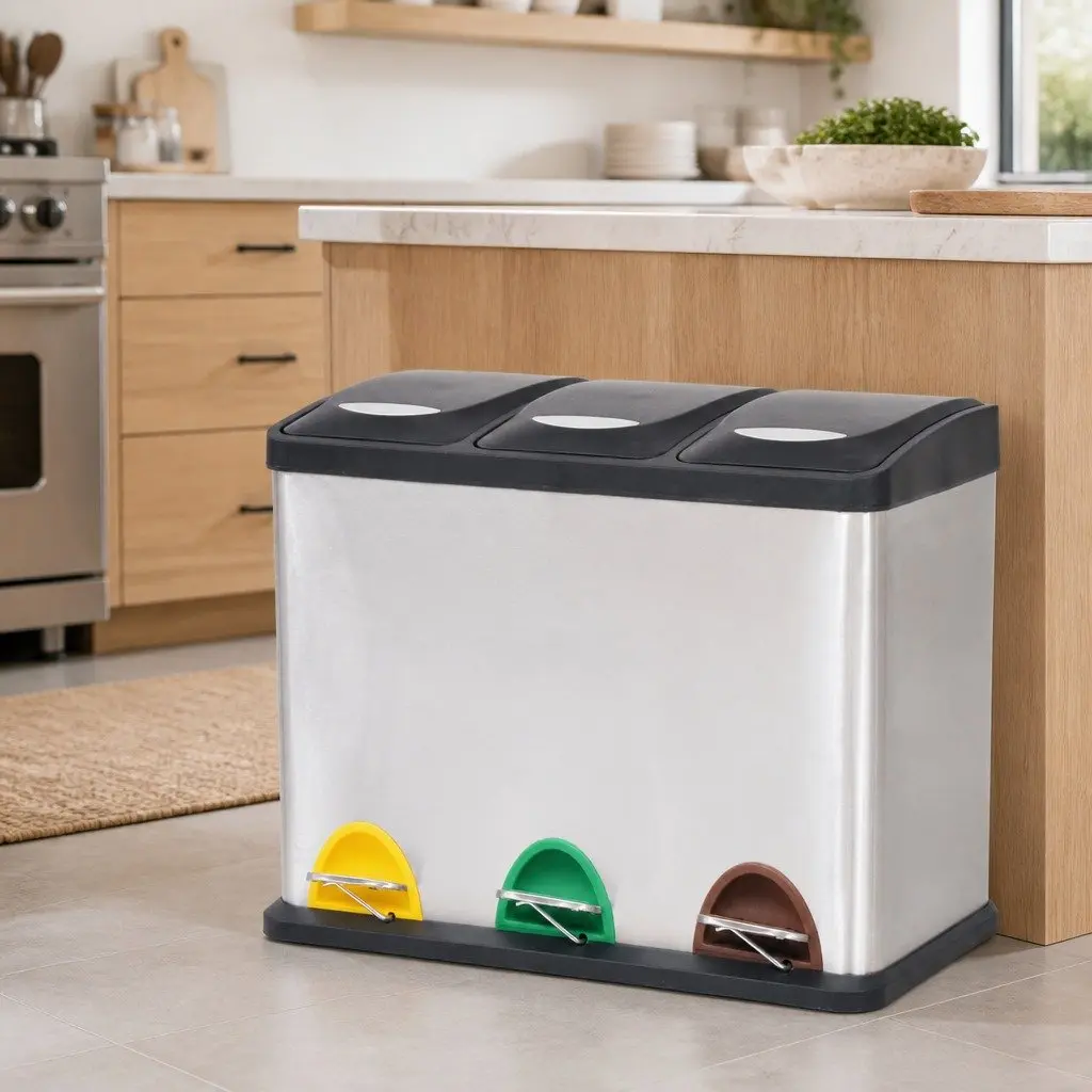 Recycling Pedal Bin Stainless Steel 24L Waste Sorting 3 Removable Inner Buckets