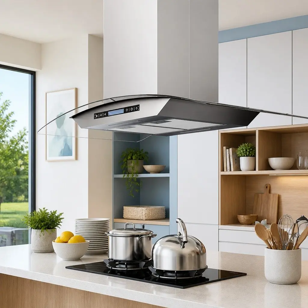 Island Range Hood 90cm LCD Touch Sensor 756m³/h LED Kitchen Extractor Silver