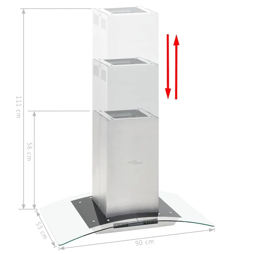 Island Range Hood 90cm LCD Touch Sensor 756m³/h Silver Stainless Steel Curved Glass Canopy Kitchen Extractor