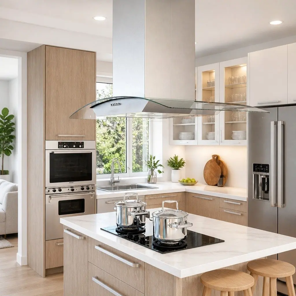 Island Range Hood 90cm Stainless Steel Curved Glass Canopy LED Lights 756 m³/h