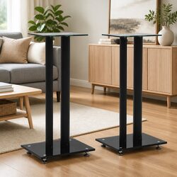 Speaker Stands Pair Tempered Glass Pillars Modern Audio Support Black 2pcs