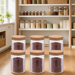 Glass Storage Jars with Cork Lids Set of 6 Food Container 650ml Kitchen Pantry