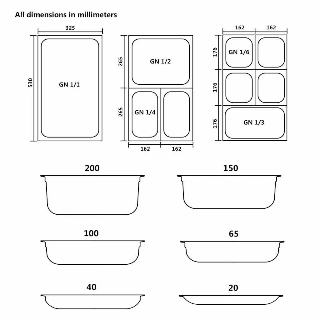 Gastronorm Containers Stackable 20 mm GN 1/1 Silver 4 Piece Steam Table Pans