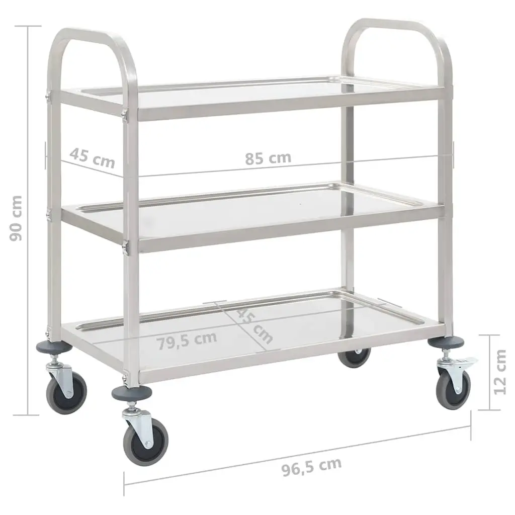 3-Tier Kitchen Trolley Stainless Steel Rolling Service Cart Silver