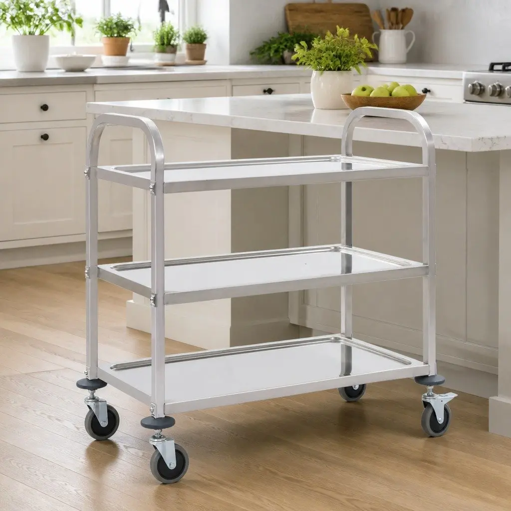 3-Tier Kitchen Trolley Stainless Steel Rolling Cart with Castors and Brakes Silver