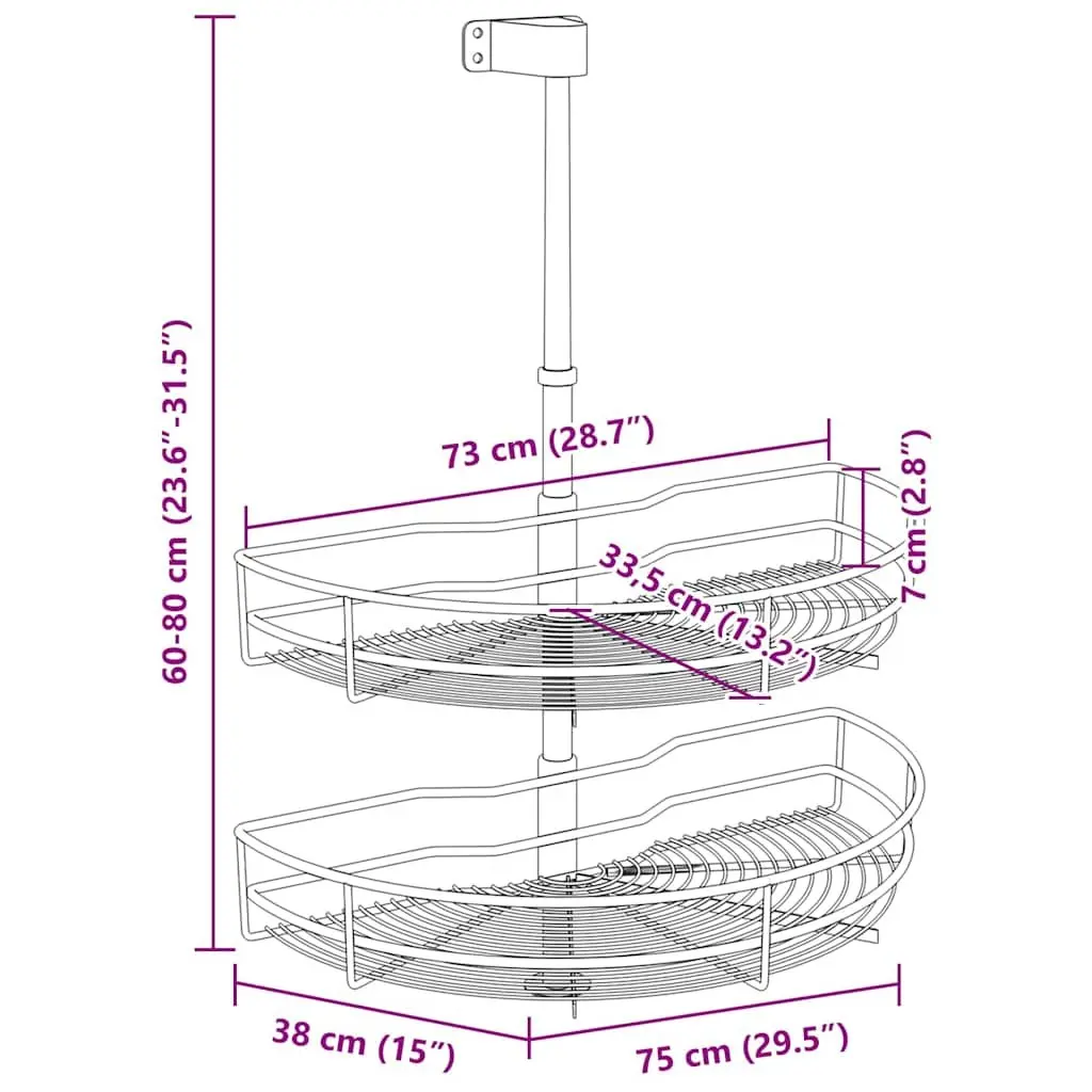 2-Tier Wire Basket Kitchen Organiser 180 Degree Rotating Silver Electroplated Wire Storage Rack