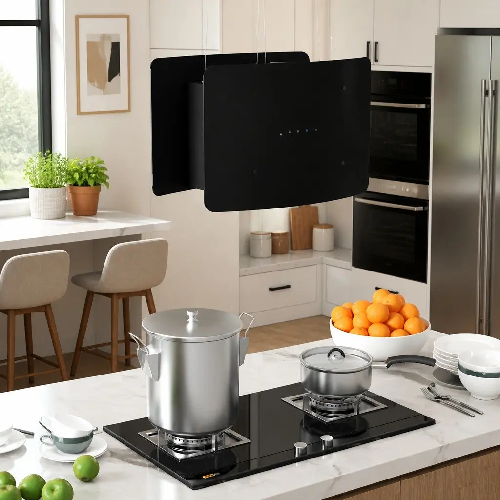 Island Range Hood Ceiling Hanging Kitchen Extractor Touch Sensor LCD Tempered