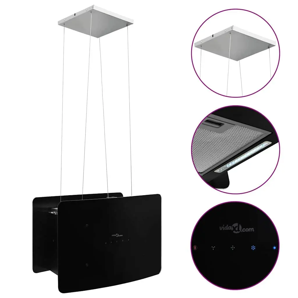 Island Range Hood Ceiling Hanging Touch Sensor LCD Black Tempered Glass