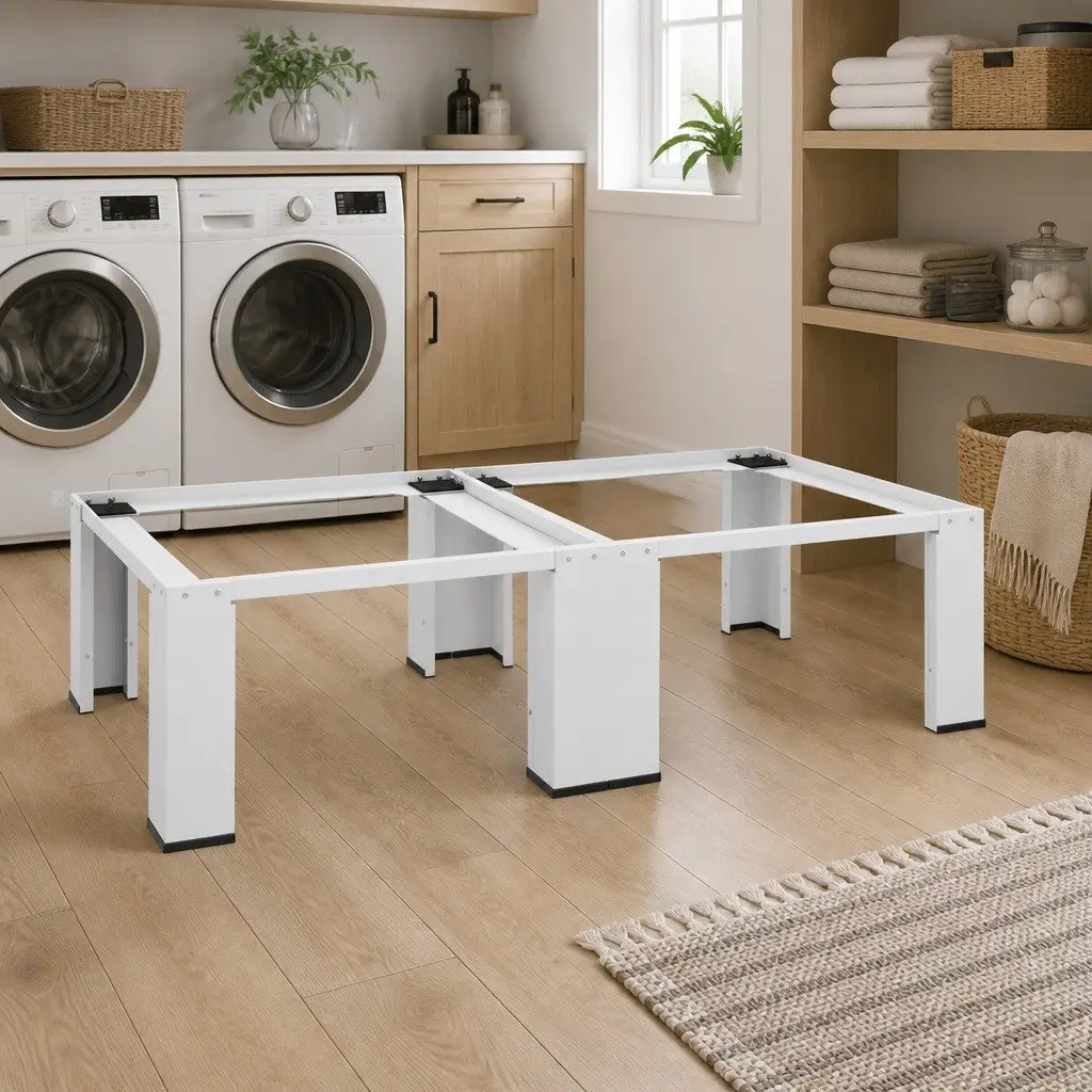 Double Washing Machine Pedestal Dryer Stand White Laundry Riser Base Set of 2