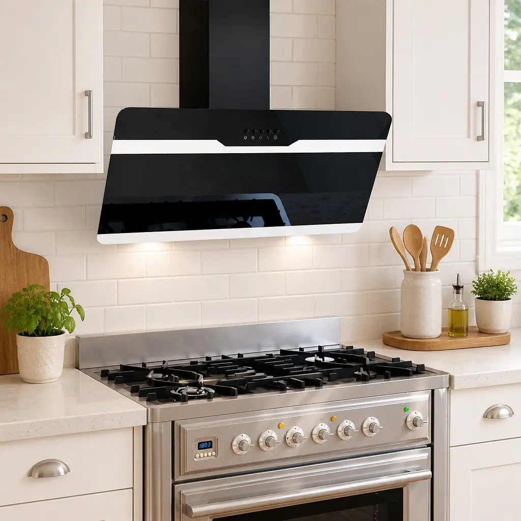 Wall Range Hood 90cm Kitchen Extractor Black Tempered Glass LED Lamp 297m³/h