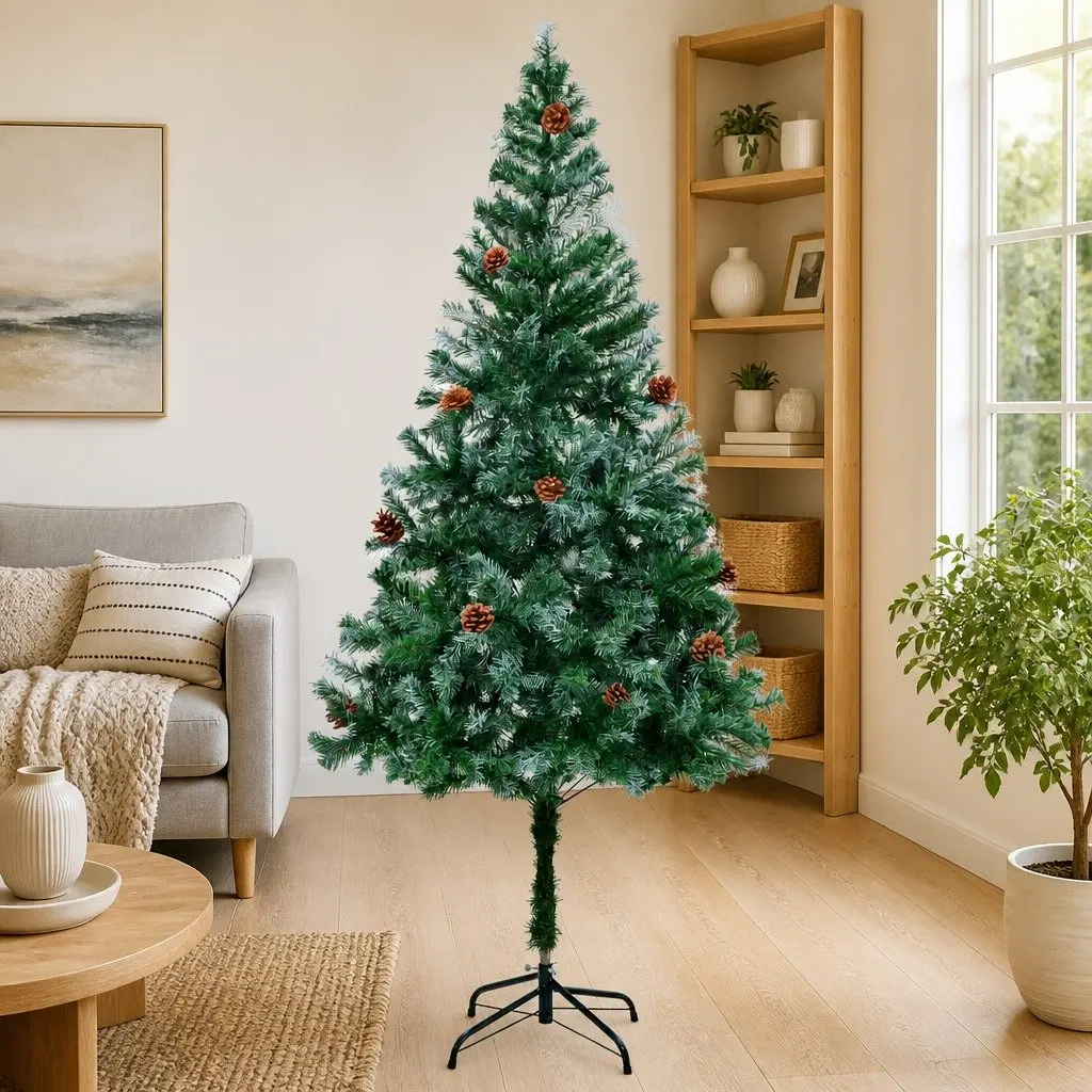 Artificial Christmas Tree 180cm Green White Tips Pinecones Holiday Decoration