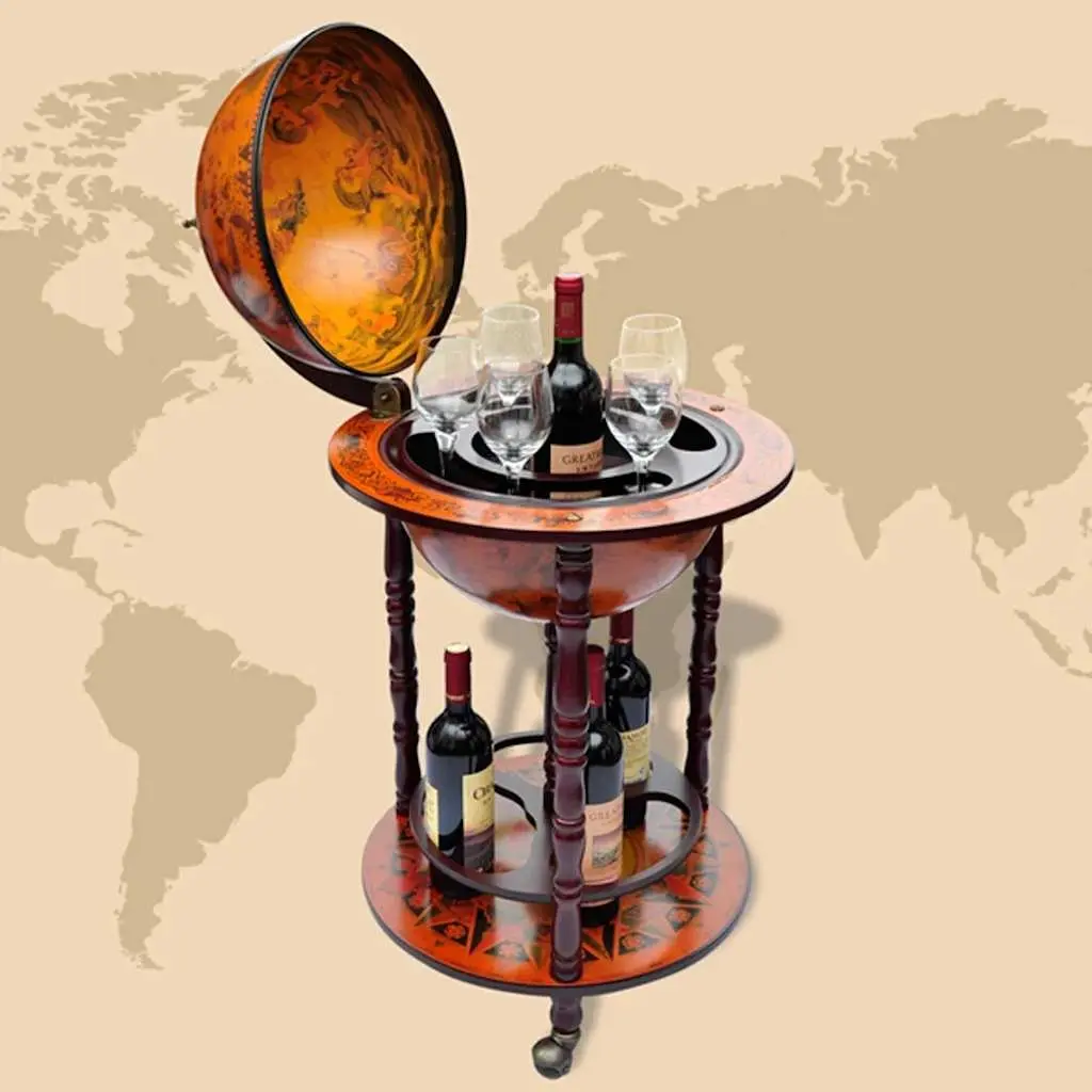 Wooden Globe Bar Cabinet with Bottle and Glass Holders on Wheels Brown