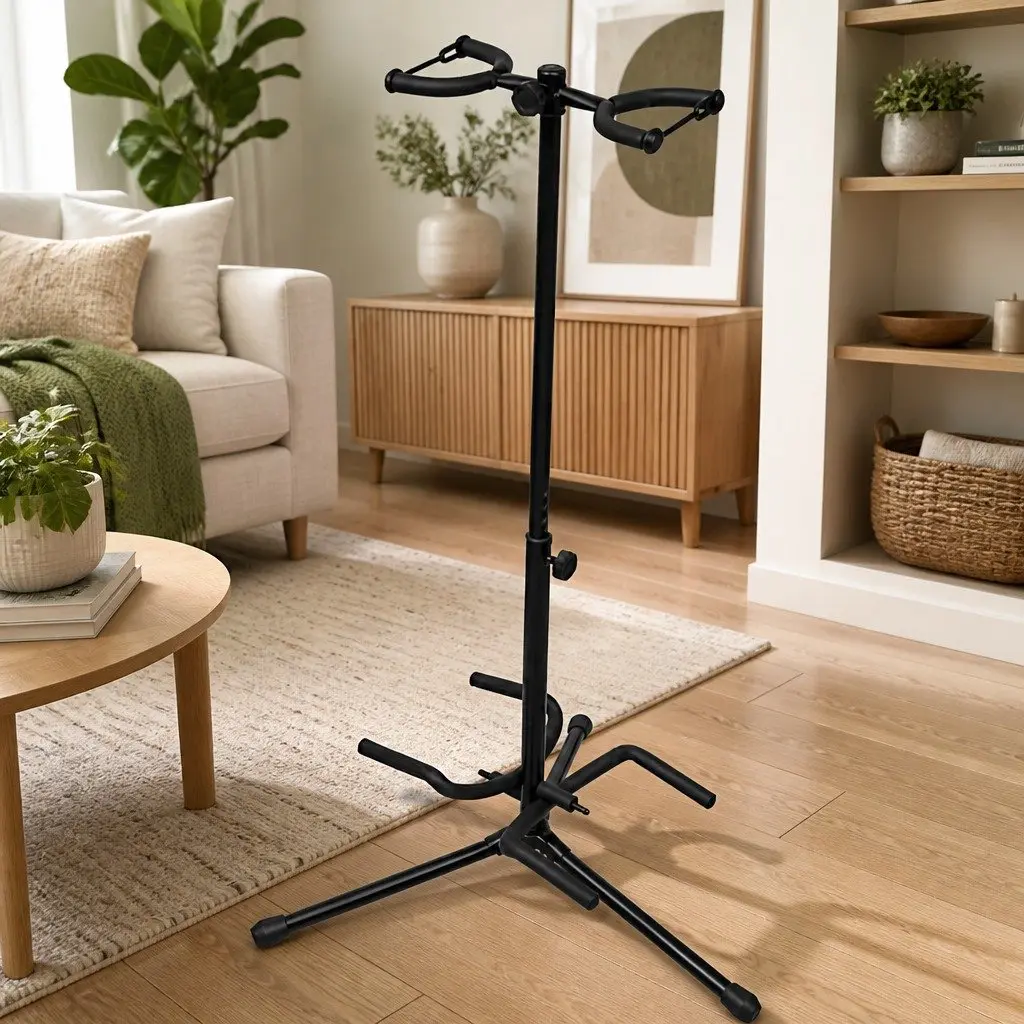 Double Guitar Stand Adjustable Foldable Heavy Duty Portable Steel Construction
