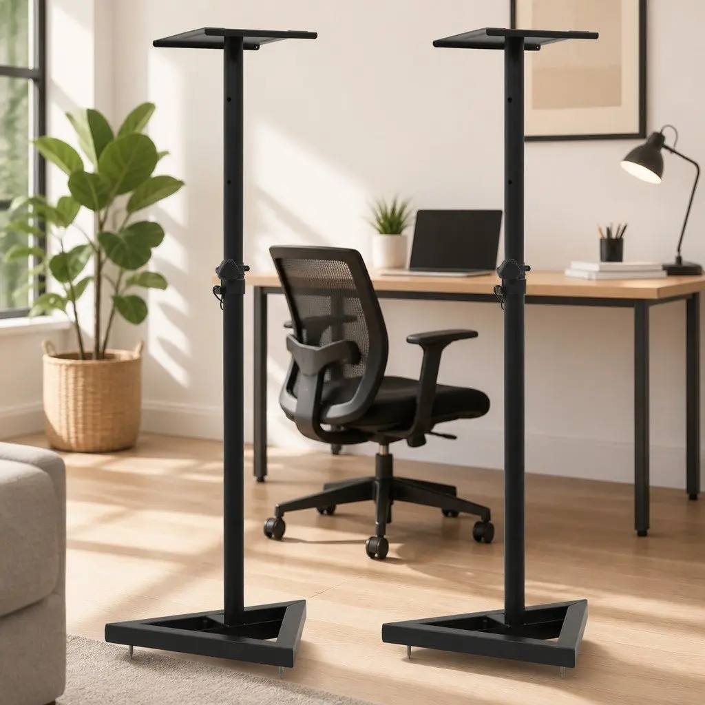 Speaker Stands Studio Monitor Adjustable Height Black Steel 2 Piece Triangular Base
