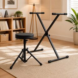 Adjustable Keyboard Stand and Stool Set Black Music Performance Practice