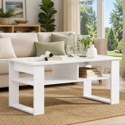 White Coffee Table with Storage Shelves Modern Living Room Furniture 96x54x44cm