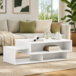 White Modern Coffee Table Engineered Wood Living Room Accent Furniture Storage