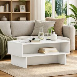 Coffee Table White Modern Lounge Living Room Engineered Wood Storage Shelves