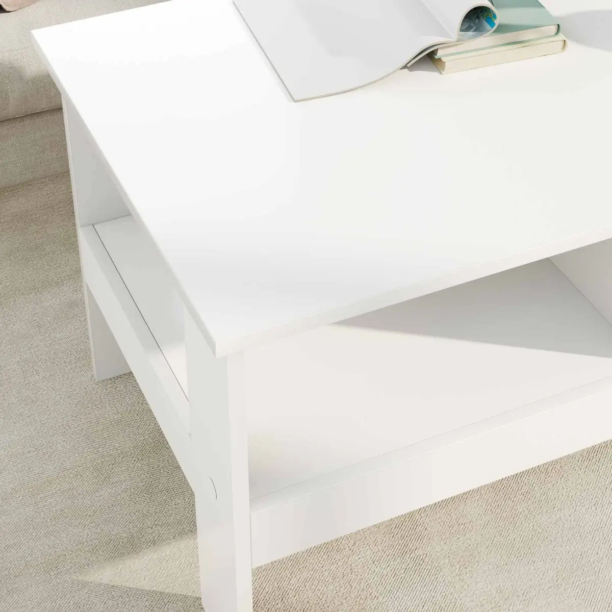 Coffee Table White Modern Engineered Wood Large Surface Area with Storage Shelves