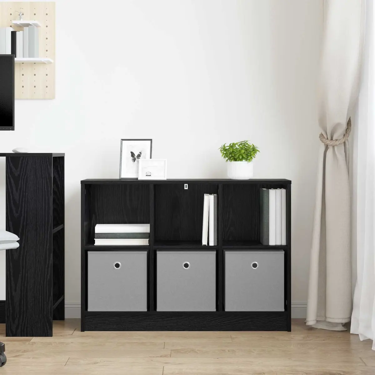 Sideboard Modern Storage Cabinet Engineered Wood Black 88.5 x 27.5 x 63.5 cm