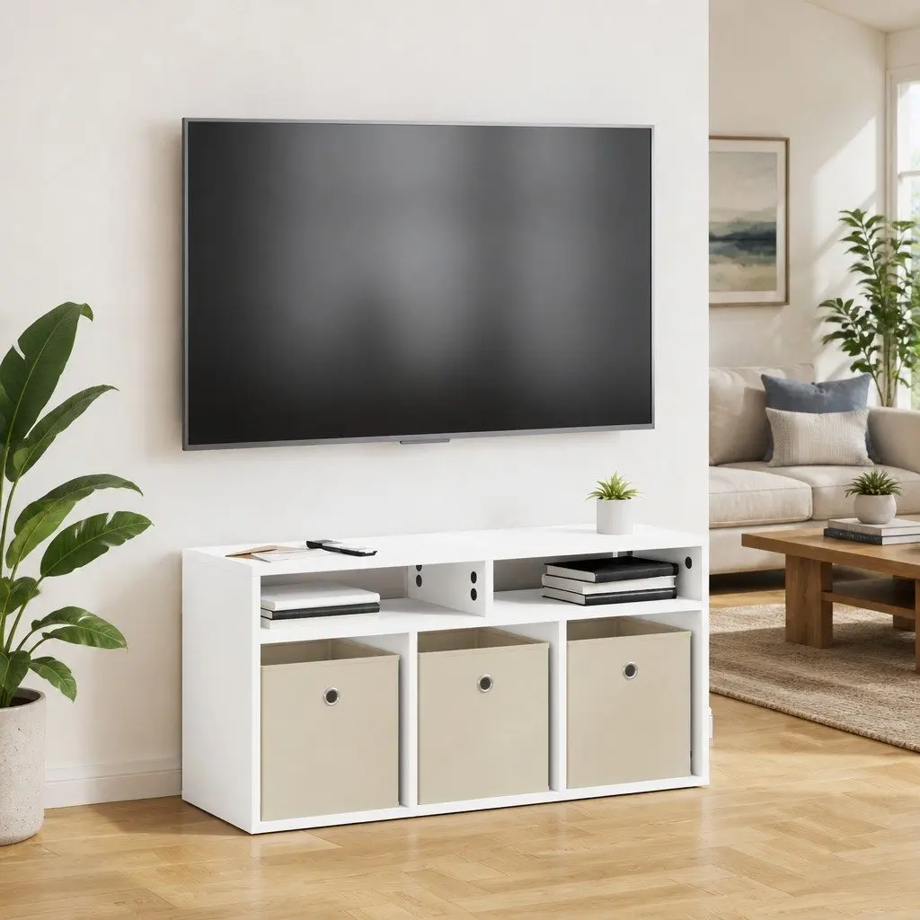 Lowboard TV Unit Modern Storage Organizer White Engineered Wood 87x27.5x43 cm