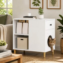 Cat House White Modern Indoor Pet Furniture Engineered Wood Hideaway Shelter