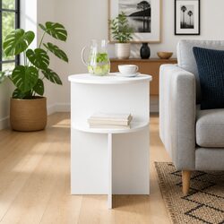 Side Table with Storage Round White Modern Accent Engineered Wood End Table