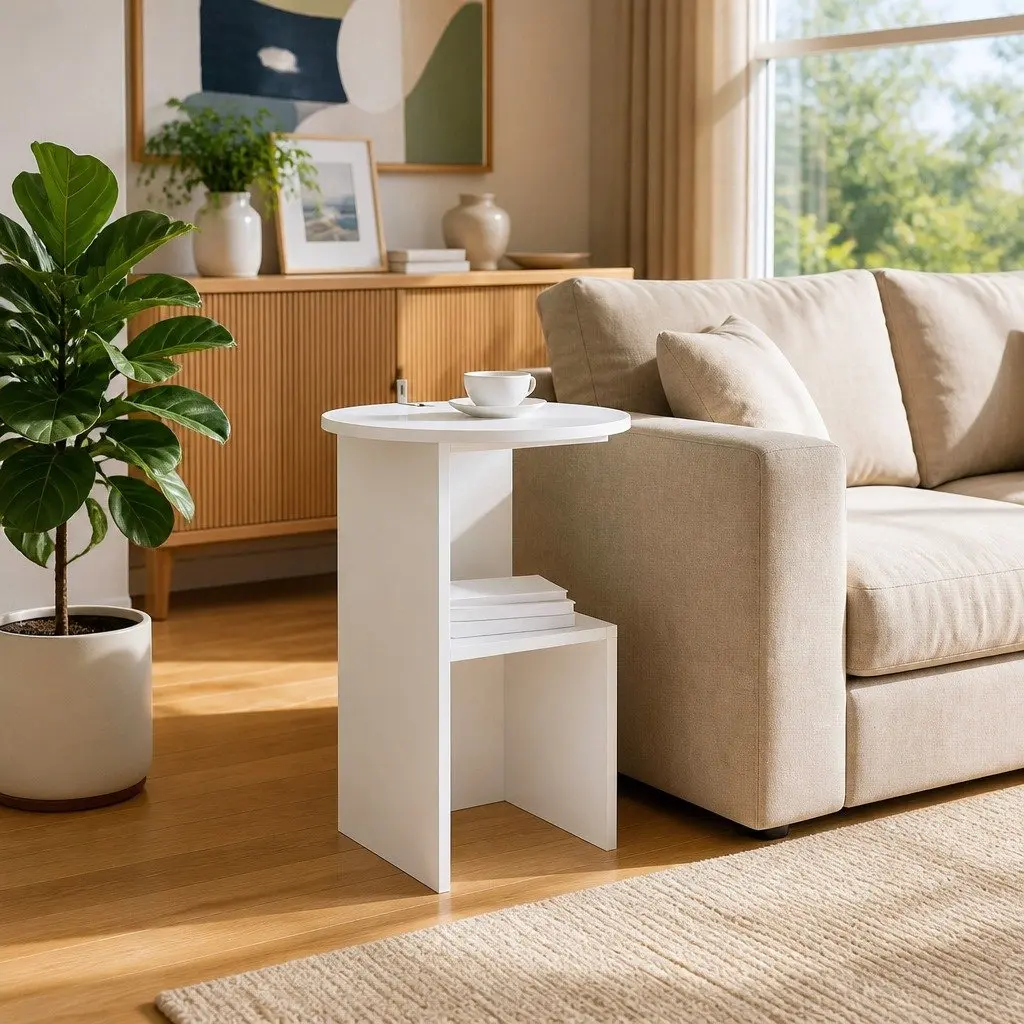 Side Table Modern Accent White Engineered Wood 39.5 x 55 cm