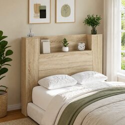 Headboard Cabinet with LED Lights Wall-Mounted Storage Bedroom Tan 120cm Modern