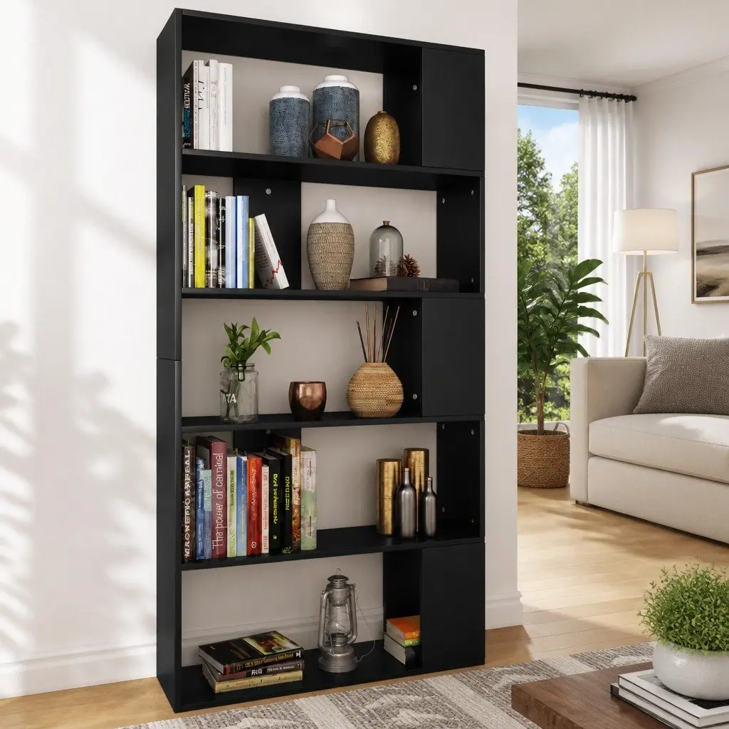 Bookcase Room Divider 80x24x159cm Black 5 Compartments
