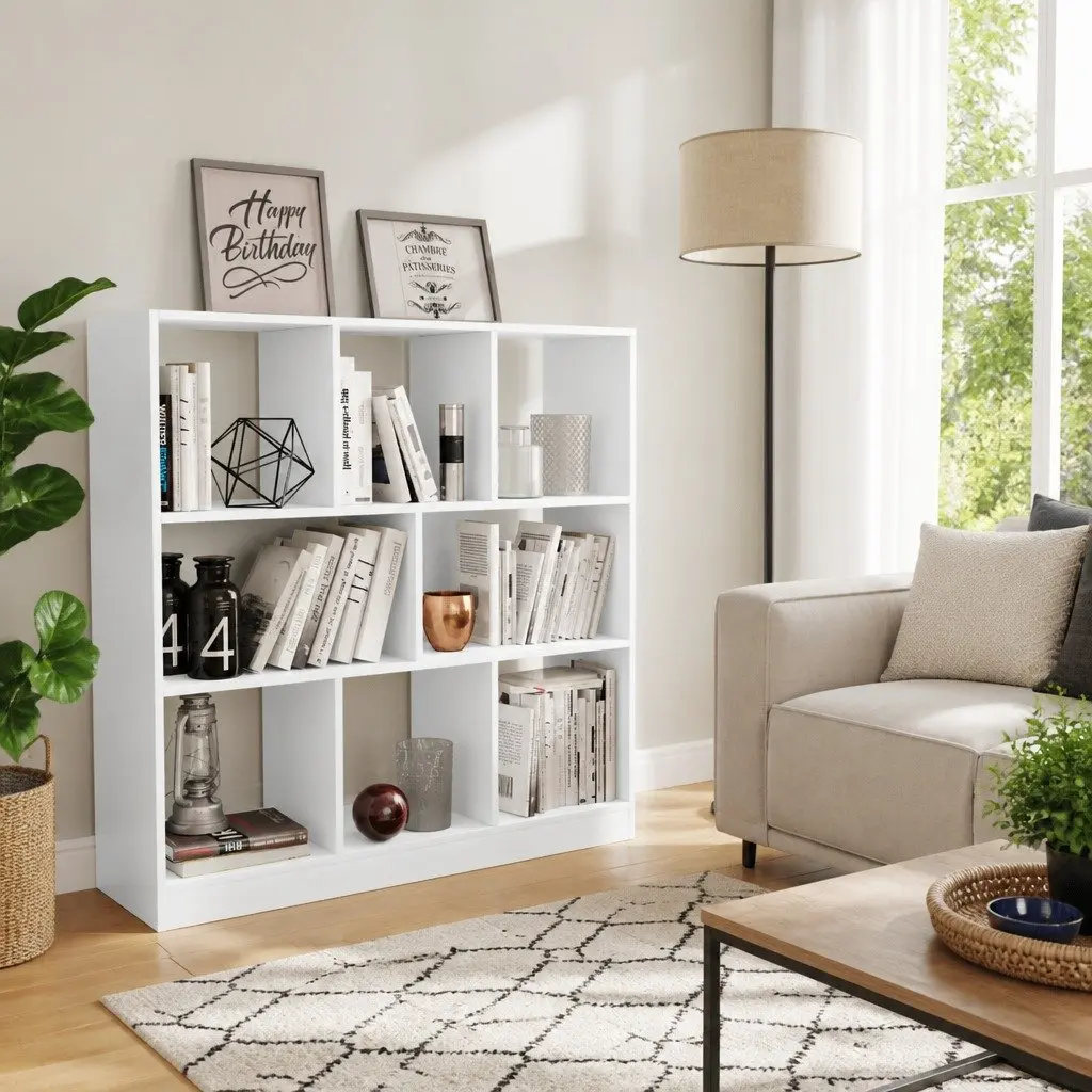Bookcase White 8 Compartment Storage Organizer Standing Shelf