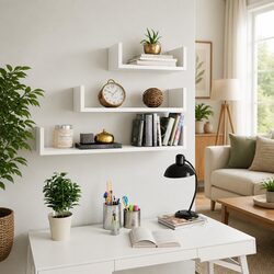 Wall Display Shelf 3 Piece Set White Engineered Wood U Shaped Floating Storage
