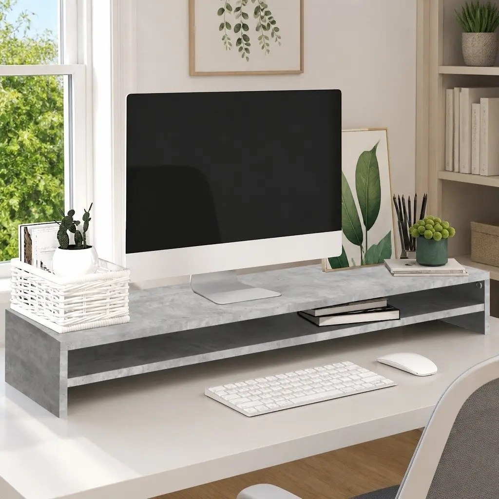 Monitor Stand Riser Grey Engineered Wood Dual Screen Desk Organiser Keyboard