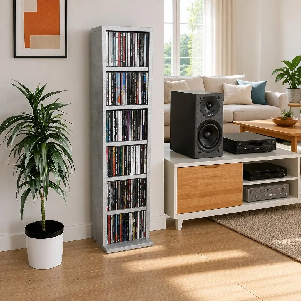 CD Cabinet Grey Concrete Storage Shelves Media Organiser Engineered Wood
