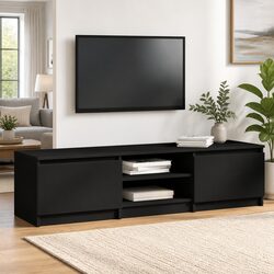 TV Cabinet Black 140x40x35.5 cm with 2 Doors 2 Open Compartments Storage Unit