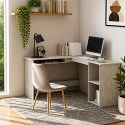 L-Shaped Corner Desk Grey Modern Office Workstation with Keyboard Tray Open