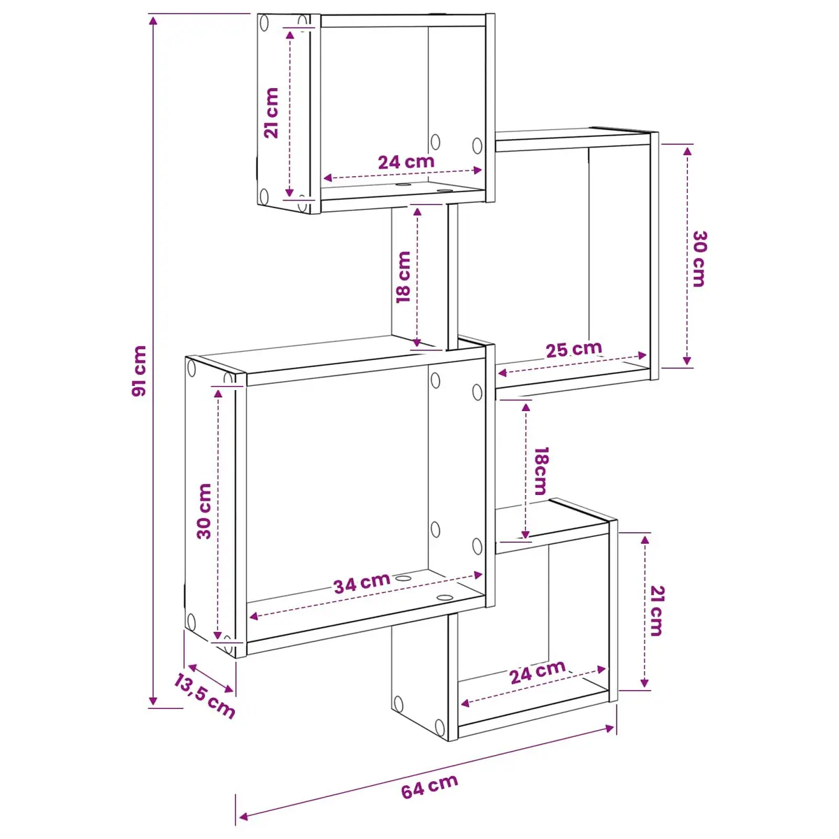 Wall Cube Shelves Modern Display Storage Organiser Brown Sonoma Oak 64x13.5x91.5cm