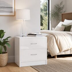 Bedside Cabinet White High Gloss 2 Drawer Nightstand Storage Chest Bedroom