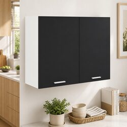 Hanging Kitchen Cabinet Black Storage Cupboard Two Shelves Doors Engineered Wood