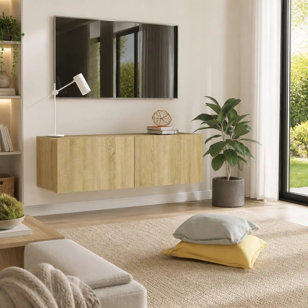 TV Cabinet Wall-Mounted Brown Storage Unit with 2 Compartments